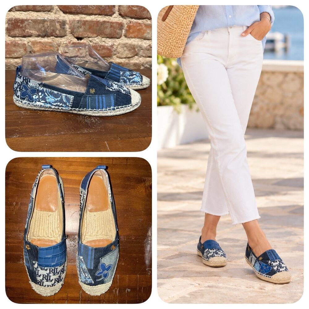 Lauren Ralph Lauren Cameryn Patch Floral Denim Style Espadrille Flats 8.5 - EUC